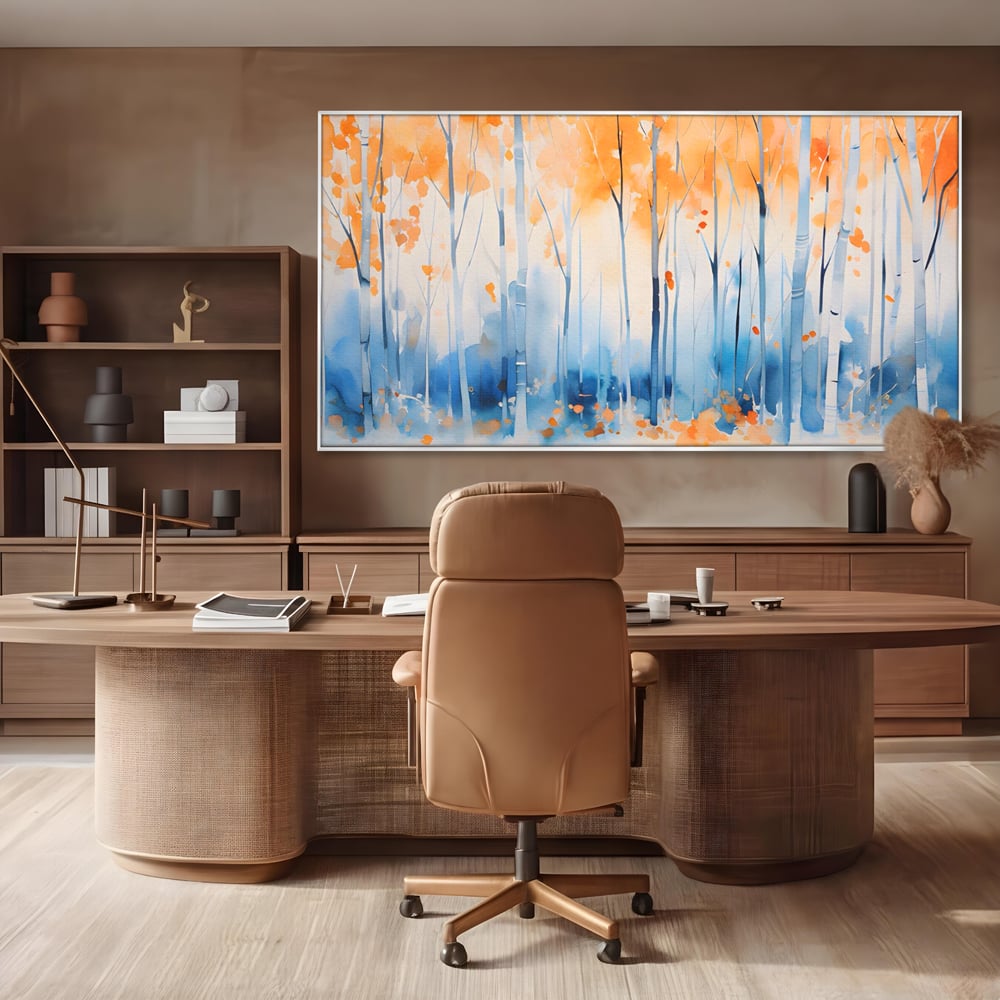 Tablou canvas cu pictura orizontala cu padure de toamna, in rama de aluminiu argintiu, pe perete intr-un birou